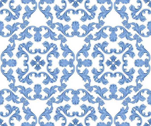 Vector illustration of Vector seamless pattern from blue Baroque scrolls, acanthus leaf and floral elements on a white background