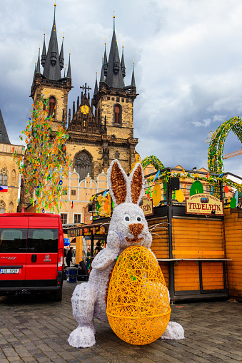 Prague, Czech Republic - March 24, 2023: Easter decoration on the old town square in Prague, Czech Republic