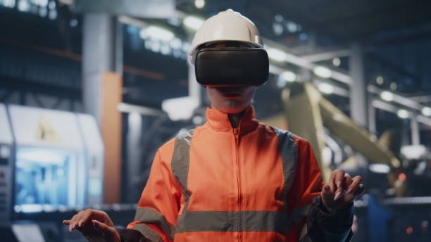 istock Worker vr goggles touching augmented reality simulation at factory close up. 2078356730