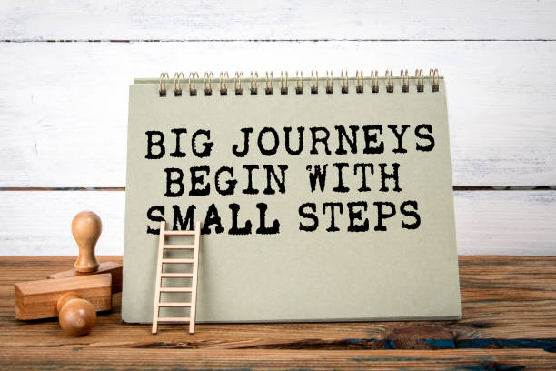 istock Big Journeys Begin With Small Steps. Green notepad on wooden texture table and white background 2078358999
