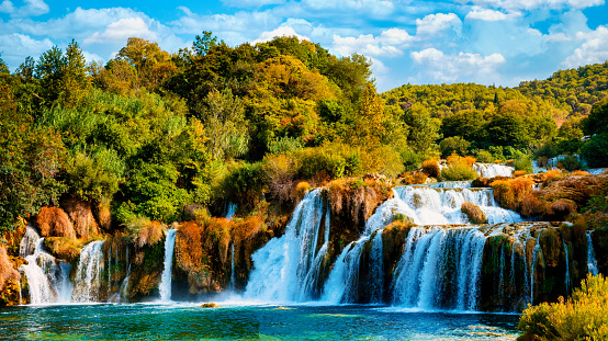 KRKA waterfalls Croatia during summer, krka national park Croatia on a bright summer evening in the park.