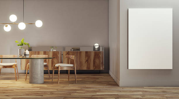 istock Modern minimalist dining room with wooden elements and calming light. Home interior concept. 3D Rendering 2078364219