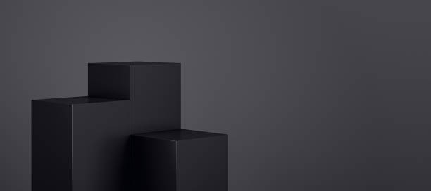 istock Black geometric block pedestal on wide dark background with mock up place. 3D Rendering. 2078364862