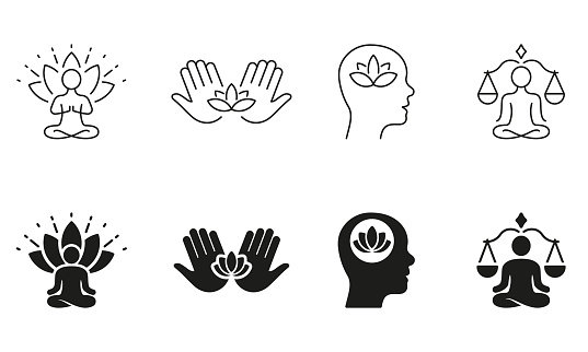 Wellness Silhouette and Line Icons Set. Mental Health And Balance Pictogram. Yoga, Person Meditate In Lotus Black Symbol Collection. Zen Pose And Calm Mind. Isolated Vector Illustration.