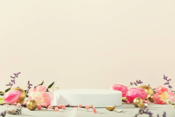 istock Empty round podium, easter gold eggs with spring flowers on a yellow background 2078368813