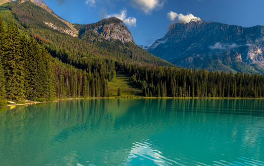 Green colored lake with trees, mountains and sky.