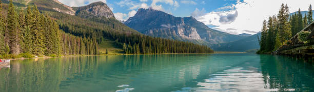 Green lake with trees, mountains and sky.