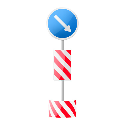 Striped road sign with arrow. Barriers for blocking road. Road sign one way, White color arrow pointing direction right and down, realistic 3d vector illustration