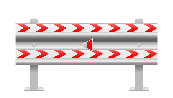 Metallic road barrier fence, isolated on white background. Design elements of the guardrails. Realistic 3d roadblock for safety on highway. Vector illustration