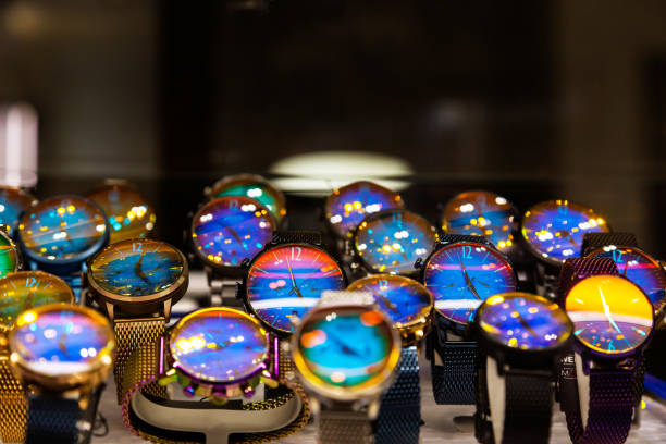 Shop window with multi-colored wristwatches.