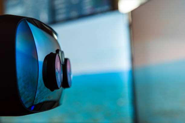 istock Shiny black VR headset with cameras of with augmented reality 2078371123