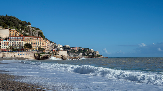 Nice, France - march 10 2024 : panorama of the seaside in Nice in winter with waves