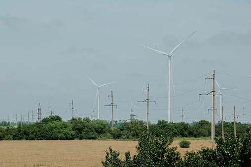 Windmills with rotor blades generating alternative form of energy on windfarm. Wind turbines producing renewable energy for farms