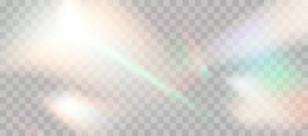 Vector illustration of Blurred rainbow refraction overlay effect. Light lens prism effect on transparent background. Holographic reflection, crystal flare leak shadow overlay. Vector abstract illustration