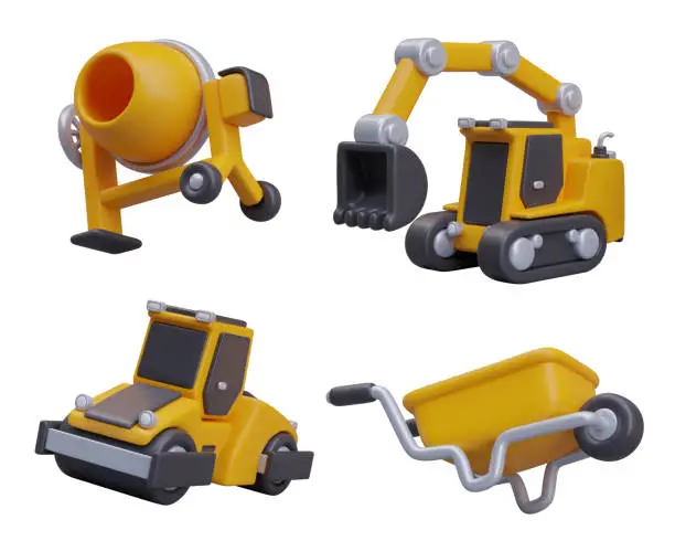 Vector illustration of Concrete mixer, excavator, road roller, yellow wheelbarrow