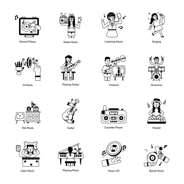 Vector illustration of Set of 16 Song and Music Glyph Icons