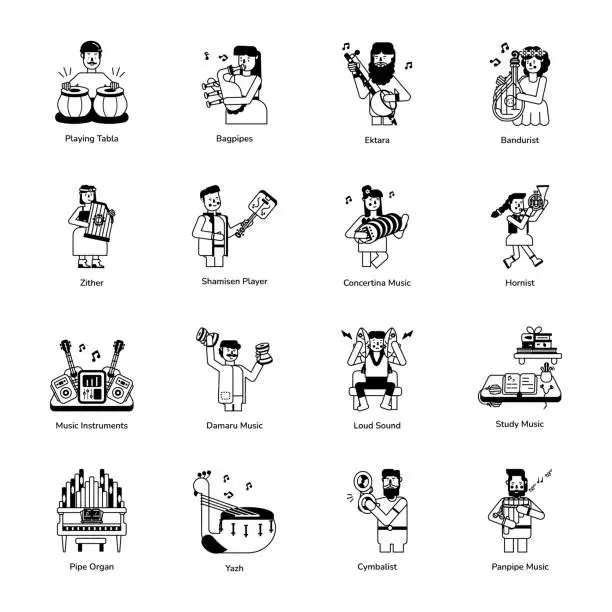 Vector illustration of Modern Glyph Icons Depicting Classic Musicians