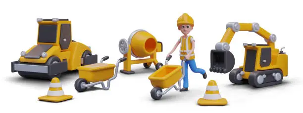 Vector illustration of Man rolls wheelbarrow across construction site. Vector scene in realistic style