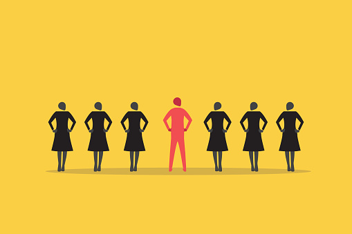 Businessman standing among business woman. concept of leadership, gap, and opportunity