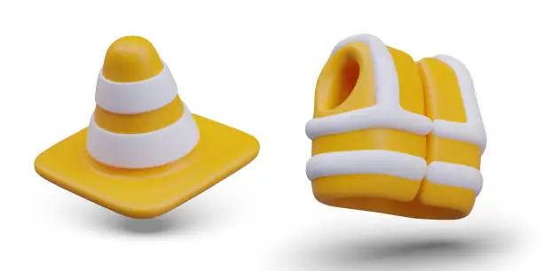 Vector illustration of Striped signal cone, bright vest with reflective stripes. Equipment for builders, repairmen