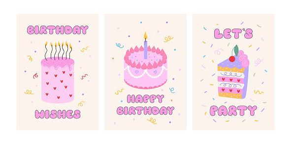 Set of holiday greeting cards with pink birthday cakes, candle and lettering quotes. Let's party, happy birthday and birthday wishes phrases. Vector flat illustration