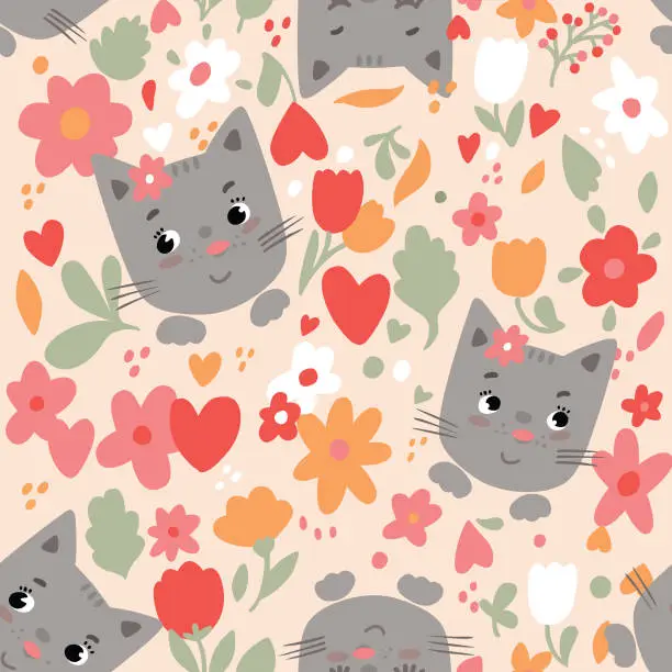 Vector illustration of cute cat's faces in flowers