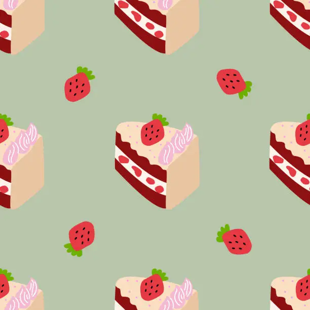 Vector illustration of Seamless pattern of pieces of cake with strawberries