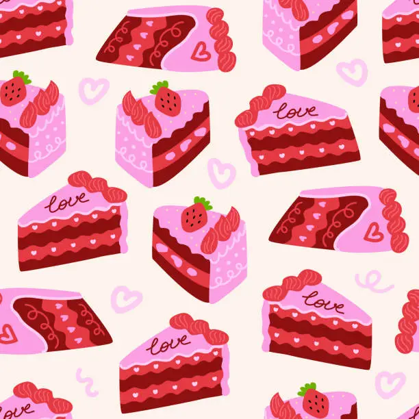 Vector illustration of Seamless pattern of pink pieces of cakes with strawberries and word love