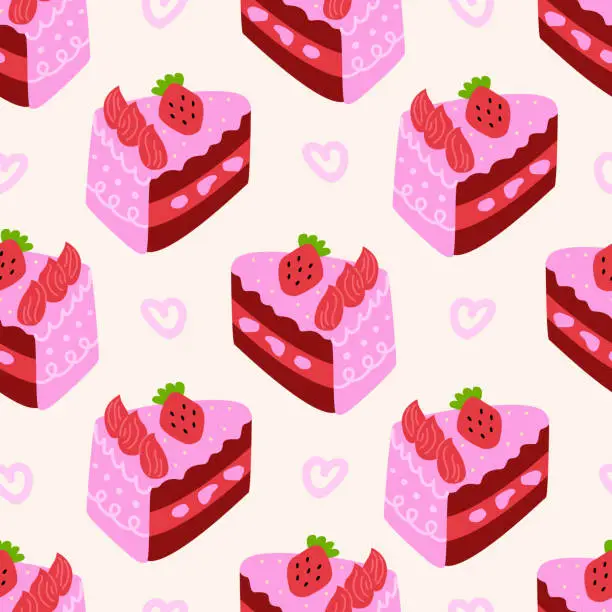 Vector illustration of Seamless pattern of pink pieces of cakes with strawberries