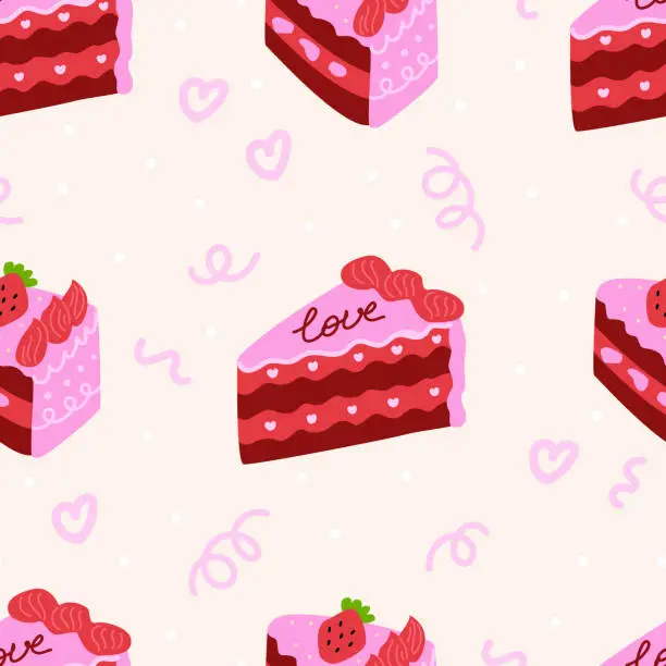 Vector illustration of Seamless pattern of pink pieces of cakes with lettering love