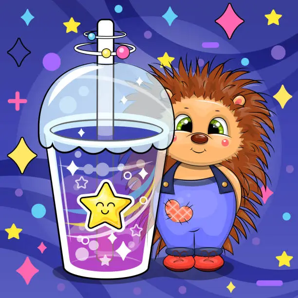 Vector illustration of Cute cartoon hedgehog with a big star drink.