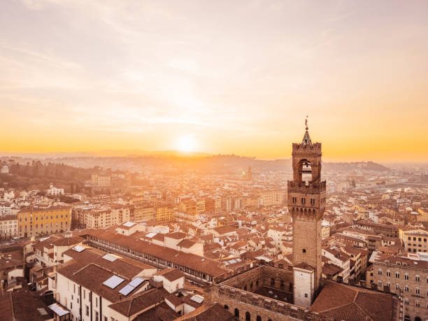 Aerial view of Florence's skyline at sunset. Palazzo Vecchio with Arnolfo's tower.