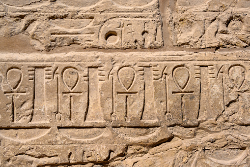 Close-up of hieroglyphics at the Karnak Temple Complex in Luxor