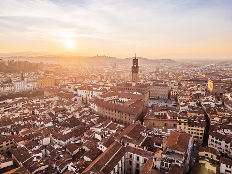 Aerial view of Florence's skyline at sunset. Palazzo Vecchio with Arnolfo's tower.