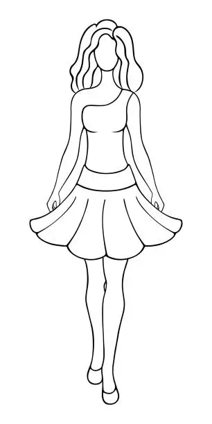 Vector illustration of Lady wearing a one-shoulder halter top and a full, short, flared skirt. Woman with wavy hair.