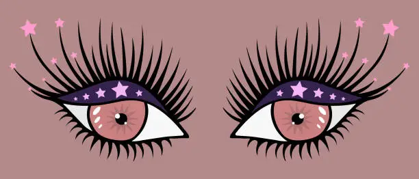 Vector illustration of Eye look. On half-closed eyelids, eyeshadow and glitter. Black eyelashes are covered with pink stars