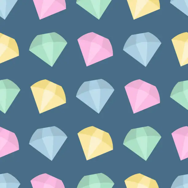 Vector illustration of Gems. Repeating pattern. Multi-colored crystal with several shining faces. Isolated blue background.