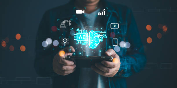 istock Man touch icon ai and use smartphone, Marketers education, research, analyze media video streaming content creation and online marketing strategies to grow their digital business. 2078439694
