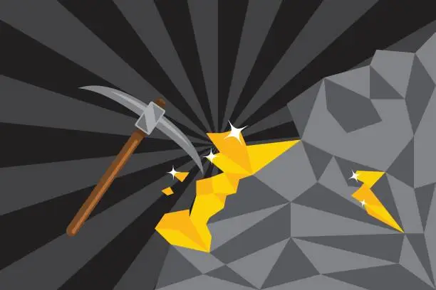 Vector illustration of Extraction of precious metals from rocks, gold mining, pickaxe with which gold is knocked out, flat vector illustration.