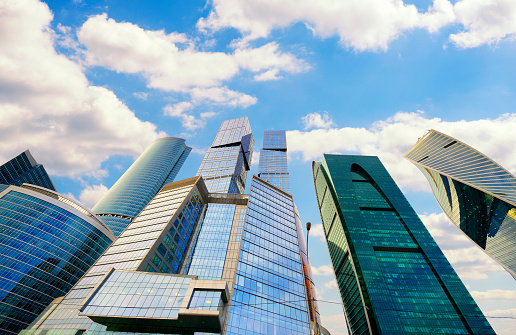 Low angle view of skyscrapers in Moscow, Russia