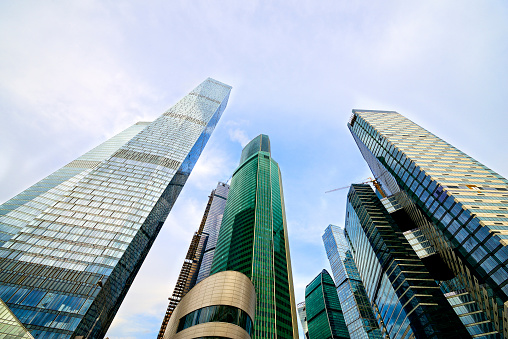 Low angle view of skyscrapers in Moscow, Russia