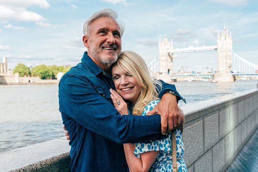 Happy senior couple spending time together in London city. Concepts about seniority, lifestyle and travel
