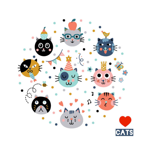 ilustraciones, imágenes clip art, dibujos animados e iconos de stock de lindos gatos. ¡feliz cumpleaños! - cake pie apple pie apple