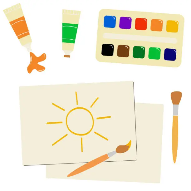 Vector illustration of Set of vector elements of painting tools, art supplies, paint tubes, brushes, watercolors, drawing sheets, sun, flat style