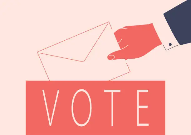 Vector illustration of Human hand puts paper envelope into vote box. Male person arm in the suit is voting by paper ballot. Election and Pre-election campaign concept. Vector illustration