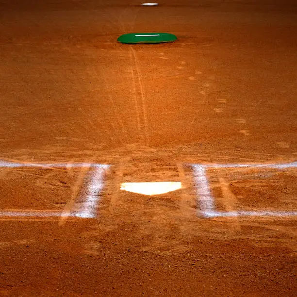Baseball homeplate with batter box chalk lines in brown clay dirt