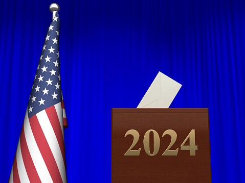 Waist up portrait of mature man giving oath while standing at podium on stage against red curtain, copy space