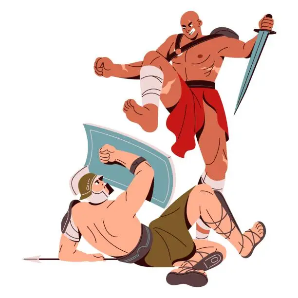 Vector illustration of Spartan warrior with scars kicks enemy. Roman gladiator protects from hits. Ancient soldier in rage attacks fighter with blade, weapon in hand. Flat isolated vector illustration on white background