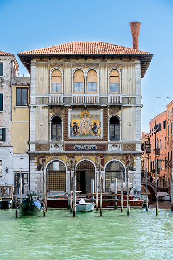 Venice, Veneto - Italy - 06-10-2021: Mosaic-adorned Palazzo Salviati graces Venice's Grand Canal, reflecting centuries of glassmaking legacy
