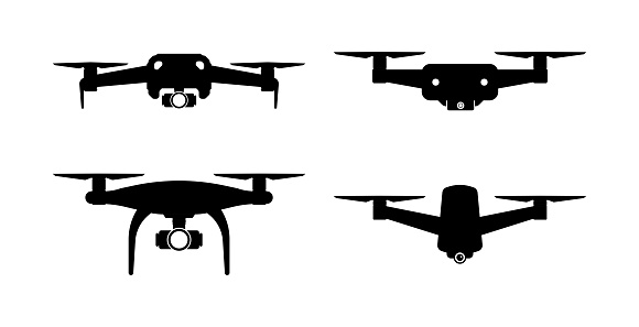 Quadcopter and flying drone icons on white background. Drone quadrocopter with action camera. Photo and video. Vector illustration